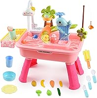 Hanyutom 2026 Upgraded Toddler Water Table with Electric Pump, Faucet, Fishing & Kitchen Toys - Pink Sensory Play for Ages 3+