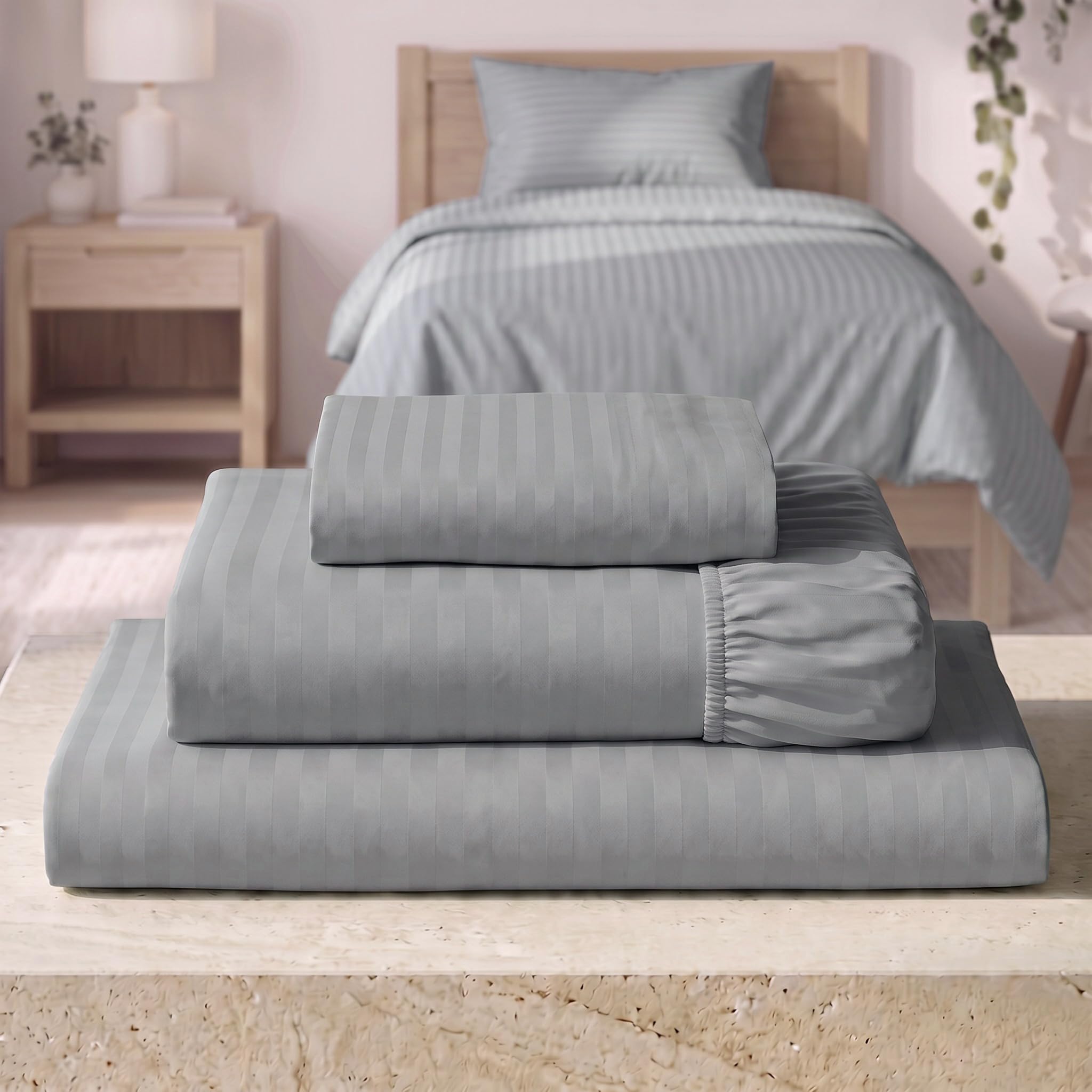 Mellanni Iconic 3-PC, Ultra Soft Sheet Set (Twin XL, Striped Gray/Silver)
