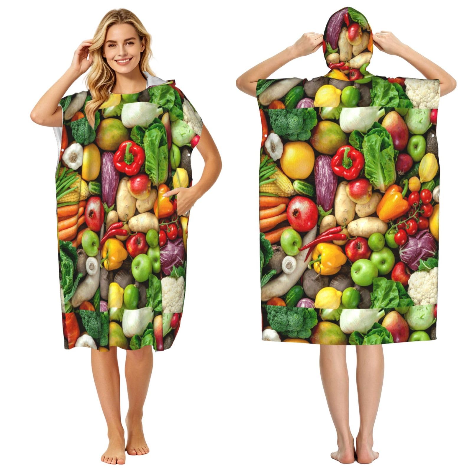 Poadnly Fresh Fruits And Vegetables, Adult Hooded Beach Towel 90 x 110 cm,Changing Bath Robe, Surf Poncho Towel For Women Men