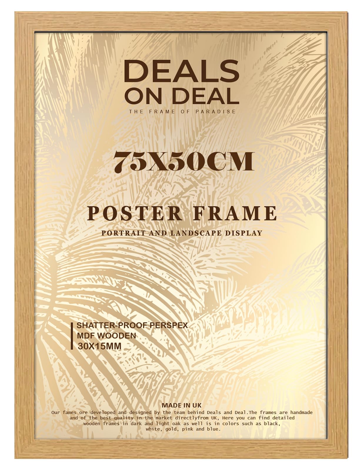 DEALS ON DEAL® Modern Large Poster Frame 75x50cm Mdf Wooden Picture Frames 50cm x 75cm for Jigsaw Puzzles/Shatter-Proof Front Vertical/Horizontal Mounting For Home & Office Décor-Oak