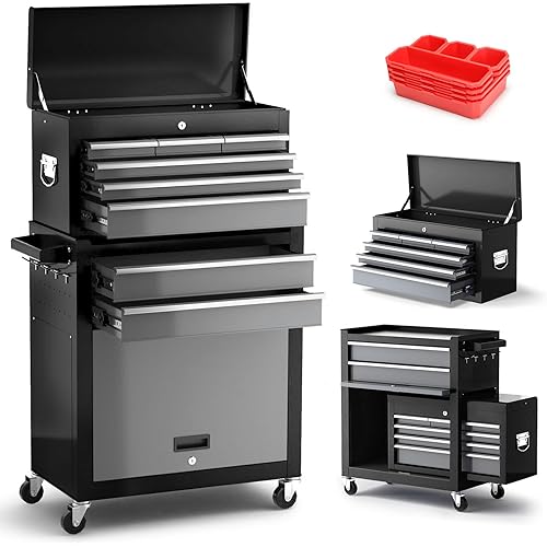 8-Drawer Tool Chest with Wheels,42'' Rolling Tool Chest Heavy Duty,Detachable Top Tool Box,Tool Cabinet with Hooks,Liners,Tray Divider,Rolling Tool Box for Garage Storage, Workshop,Warehouse,Black