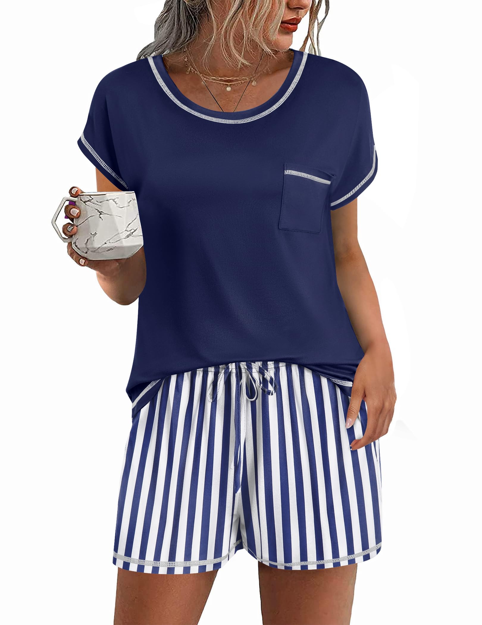 Ekouaer Pajama Set for Women 2 Piece Loungewear Short Sleeve Tops and Shorts Set Soft Sleepwear with Pockets