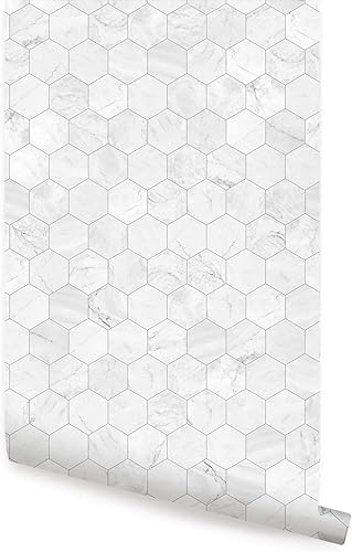 Miniatura 7 de Simple Shapes Papel tapiz pequeño de mármol hexagonal, despegar y pegar (paquete de 6 hojas, 2 pies x 9 pies, cobre dorado)