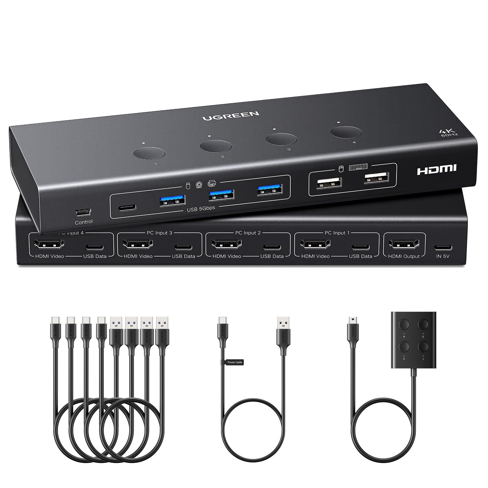 UGREEN Switch HDMI KVM 4K 60Hz 4K30Hz 4 Ingressi 1 Uscite per 4 PCs | 6 porte USB 3.0 5Gbps 5A1C 4 PCs per Tastiera Mouse Disco Rigido Controller Desktop Compatibile per Windows Linux