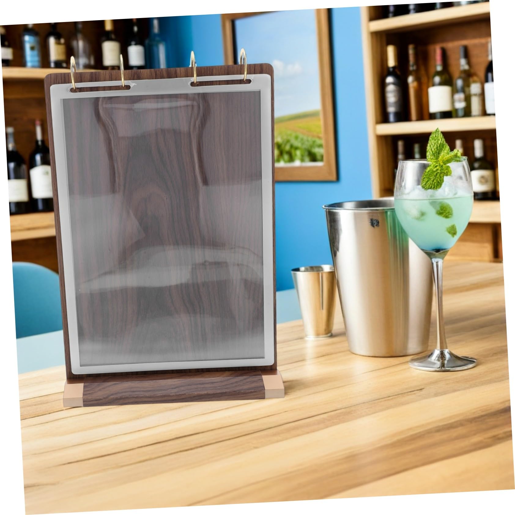 ABOOFAN Soporte para Menús de Mesa de Nogal Natural Exhibidor de Cartas con Base de Madera Páginas Doble Cara Porta Carteles para Restaurantes y Bares