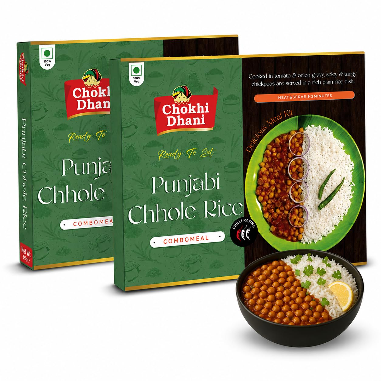 Chokhi Dhani Punjabi Chole with Rice Pack of 2 (350g Each) | Amritsari Chole Chawal Ready to Eat Meal | Heat & Eat Instant Veg Food | North Indian