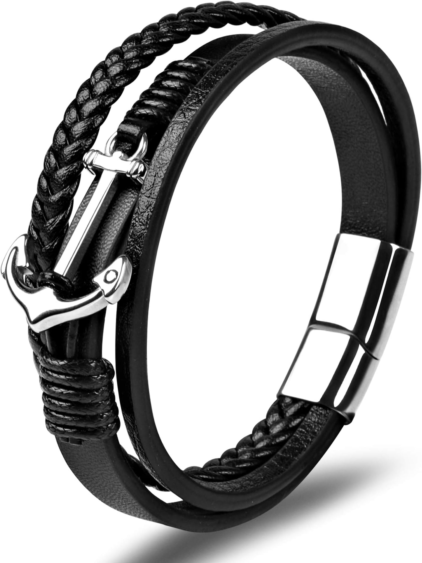 Mens Bracelets Anchor Leather Bracelet Natural Tiger Eye Lava Rock Matte Stone Bead Bracelets with Stainless Steel Magnetic Clasp Genuine Braided Cuff Bracelets