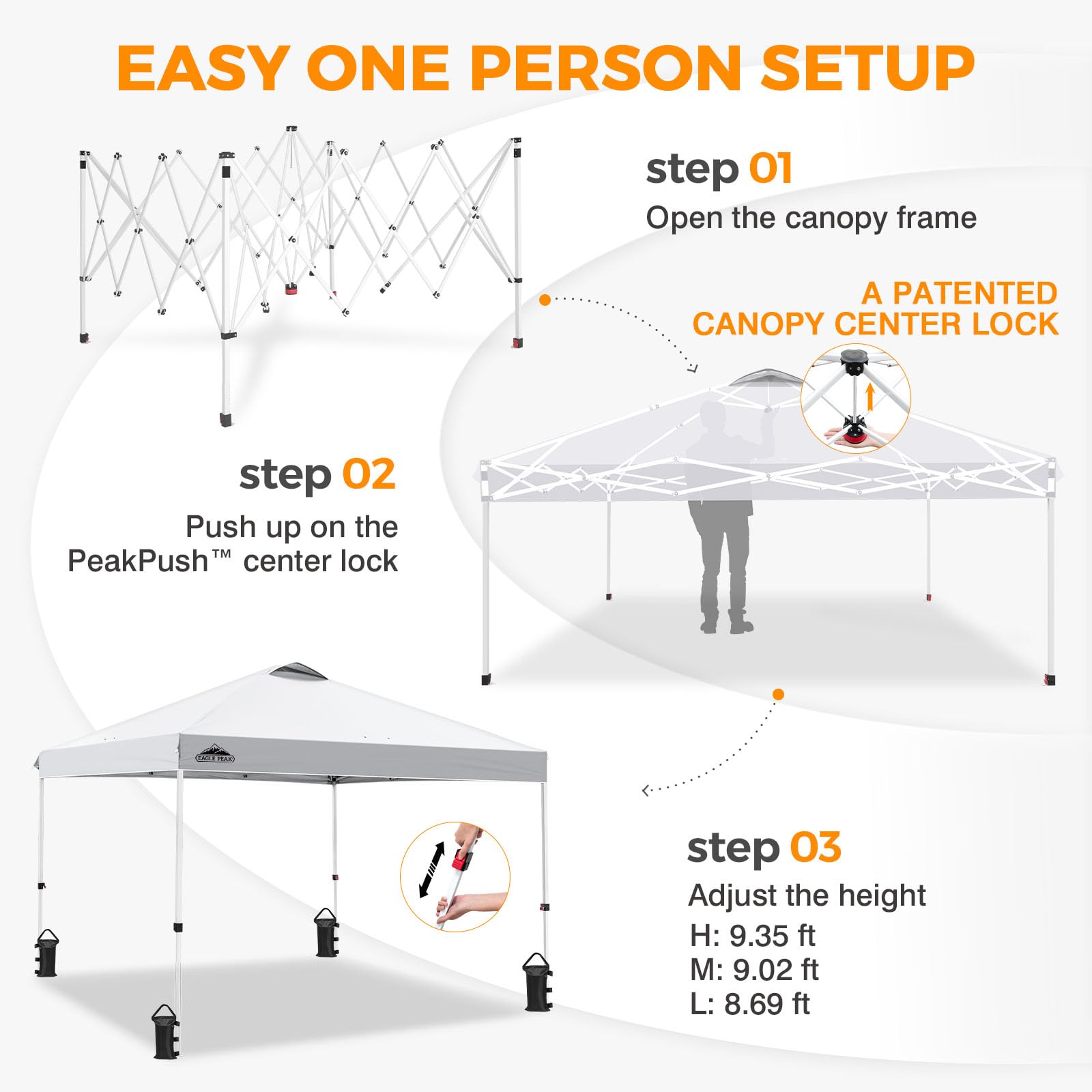 EAGLE PEAK Namiot-Retina Samorozwijany z Torbą Transportową na Kołach, 8 Špilkami, 4 Liniami Stabilizującymi, 4 Torbami do Napełnienia, Łatwy w Montażu, 3x3 m, Biały