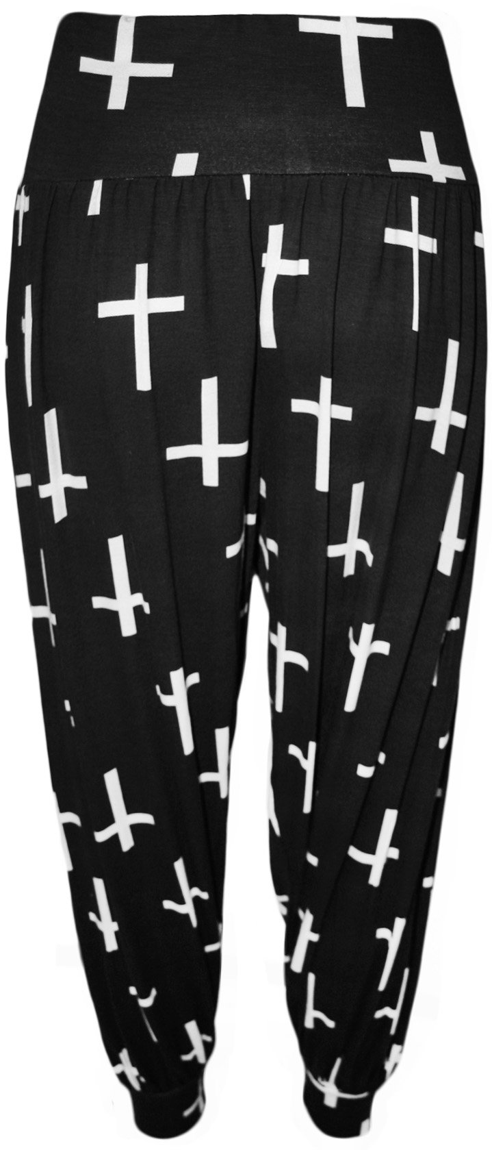 WearAll Womens Plus Size Printed Pattern Ladies Long Harem Pants Trousers - Black Cross - 24/26