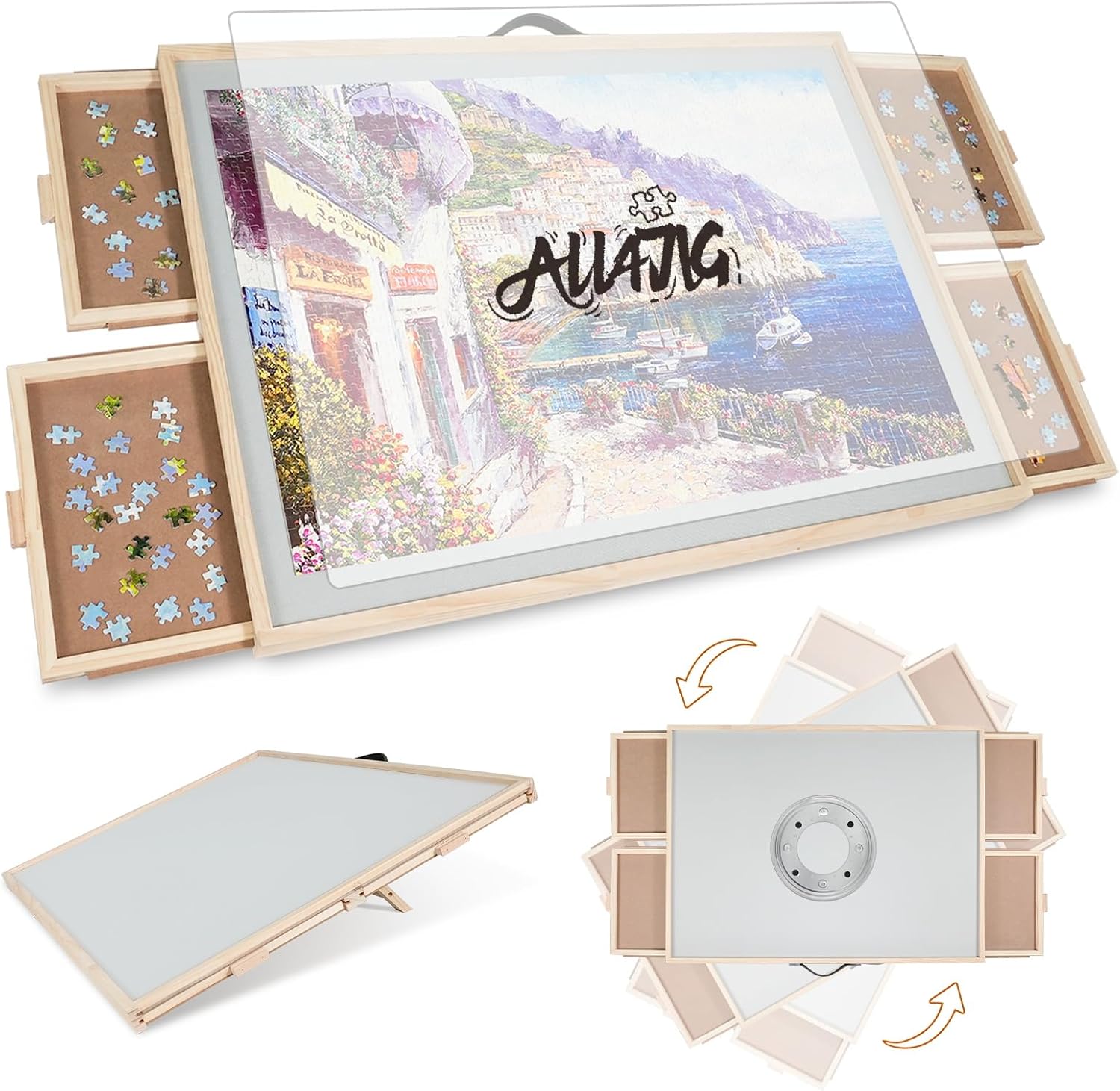 Product image of ALL4JIG 1500 Pieces 2-in-1 Tilting & Rotating Puzzle Board for Adults Gifts, Wooden Jigsaw Puzzle Table with 4 Drawers, Portable Board with Lazy Susan and Cover, 25.2" x 34.2"