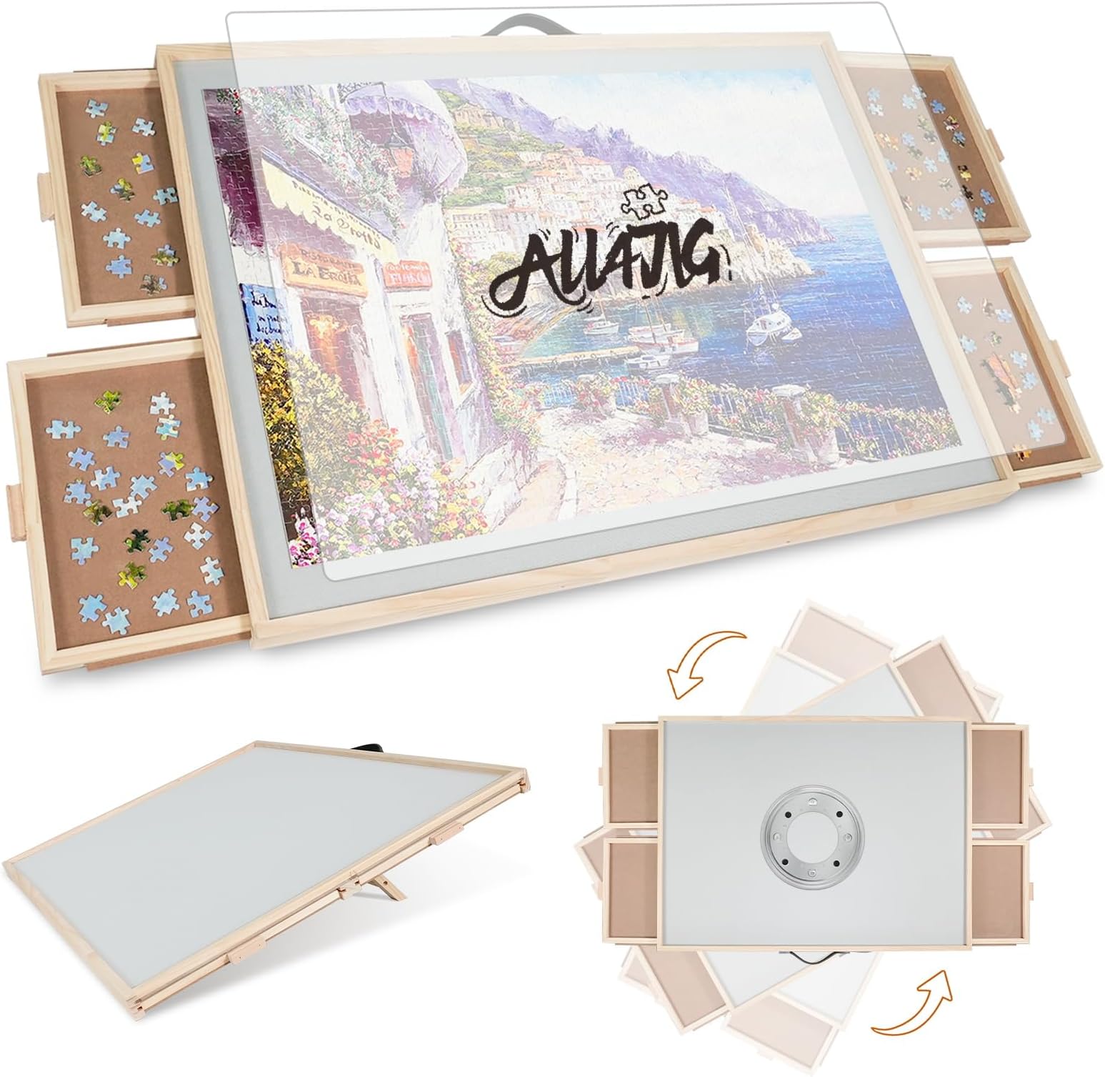 ALL4JIG 1500 Pieces 2-in-1 Tilting & Rotating Puzzle Board for Adults Gifts, 24.53" x 33.19"Wooden Jigsaw Puzzle Table with 4 Drawers, Portable Board with Lazy Susan and Cover,
