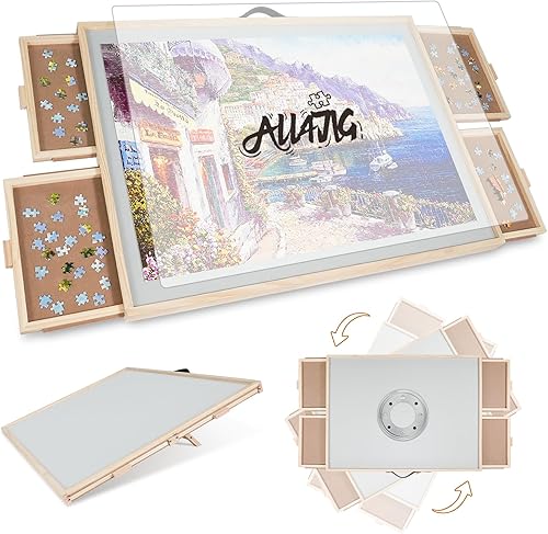 ALL4JIG Tabla de rompecabezas inclinable y giratoria 2 en 1 para regalos de adultos, mesa de rompecabezas de madera con 4 cajones, mesa de