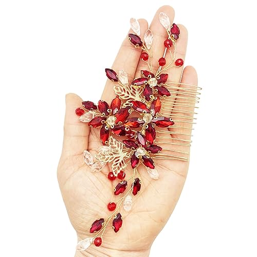 Miniatura 7 de BETITETO Pieza de pelo de novia de cristal rojo con peine de flores de vid dorada, accesorios para el cabello para bodas, mujeres y niñas (dorado,