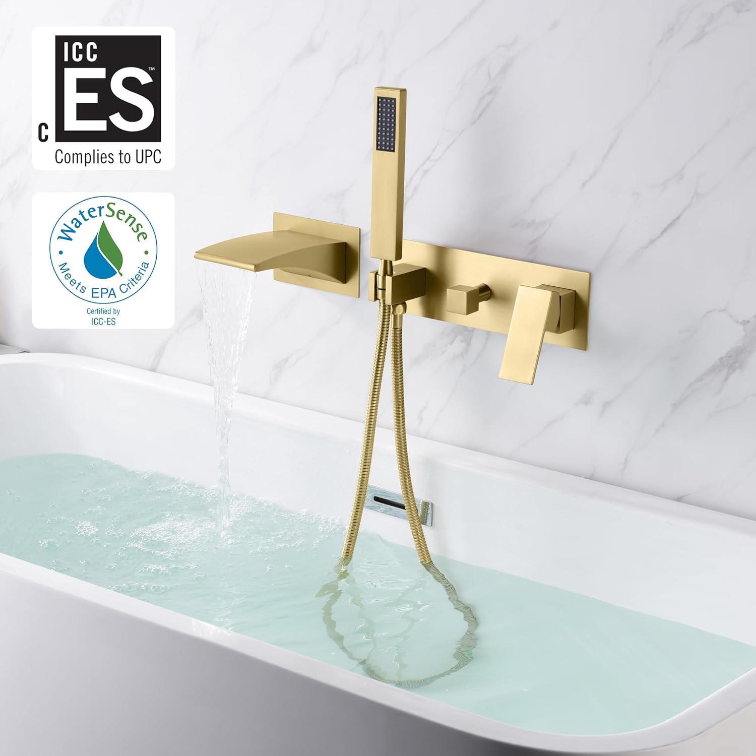 SUMERAIN Wall Mount Tub Faucet with Hand Shower, Waterfall Bathtub Faucet with Sprayer, Brushed Gold Finish, Rough-in Valve Included