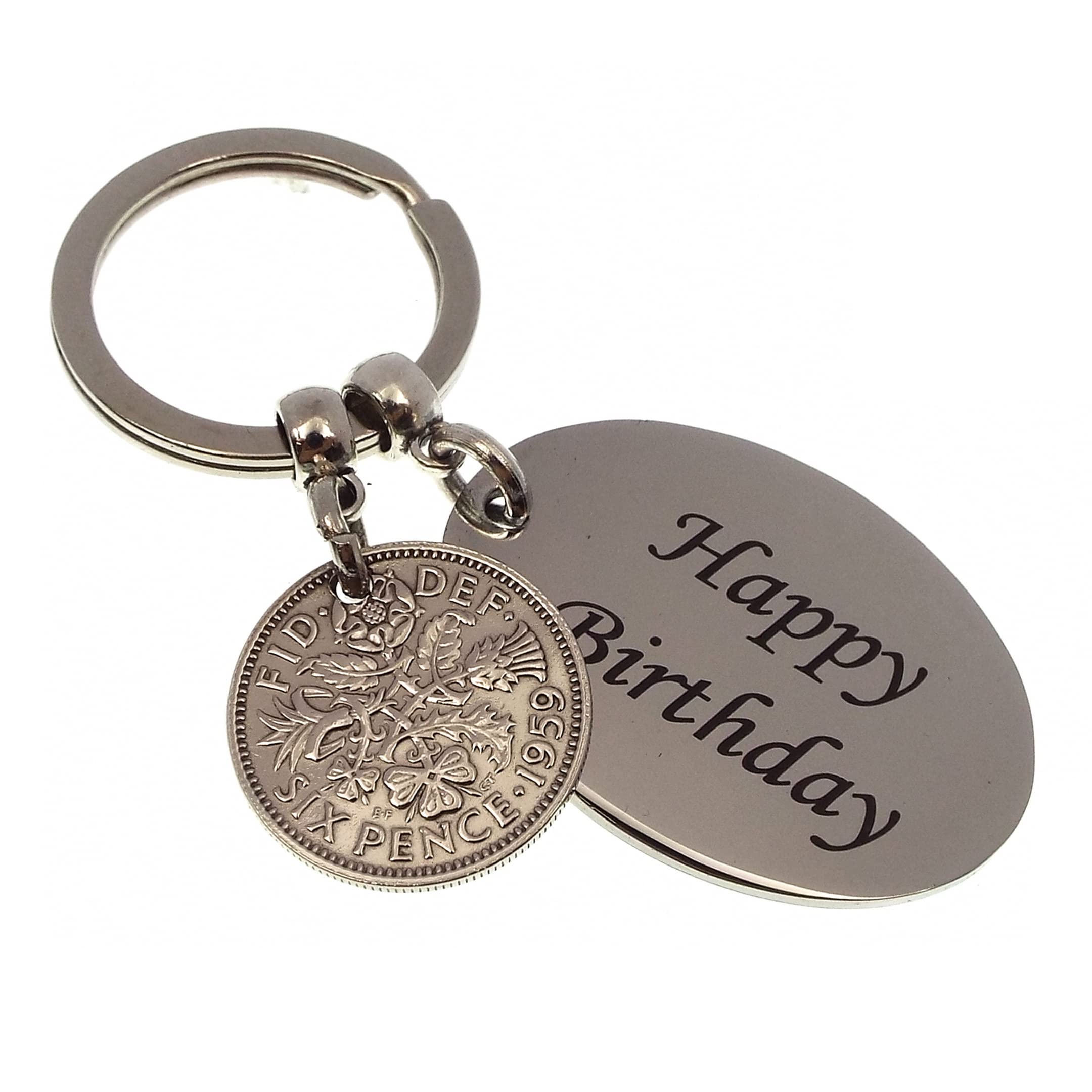 A Silver Dream 1959 HAPPY BIRTHDAY Sixpence Coin Keyring