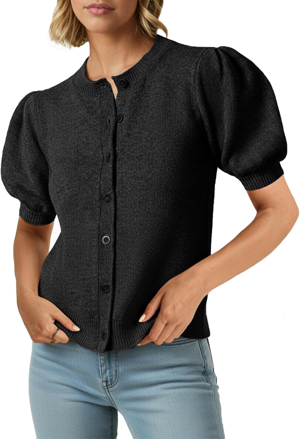 Saodimallsu Womens Puff Short Sleeve Cardigans Casual Summer Button Down Lightweight Knit Crew Neck Sweater Tops
