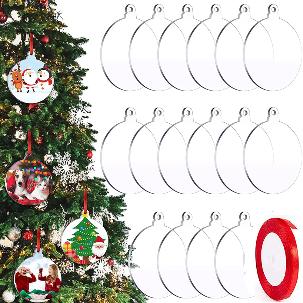 EUYuan 18 Pieces 3 Inch Christmas Clear Round Acrylic Baubles Ornament with Red Ribbon for Christmas Tree Decor