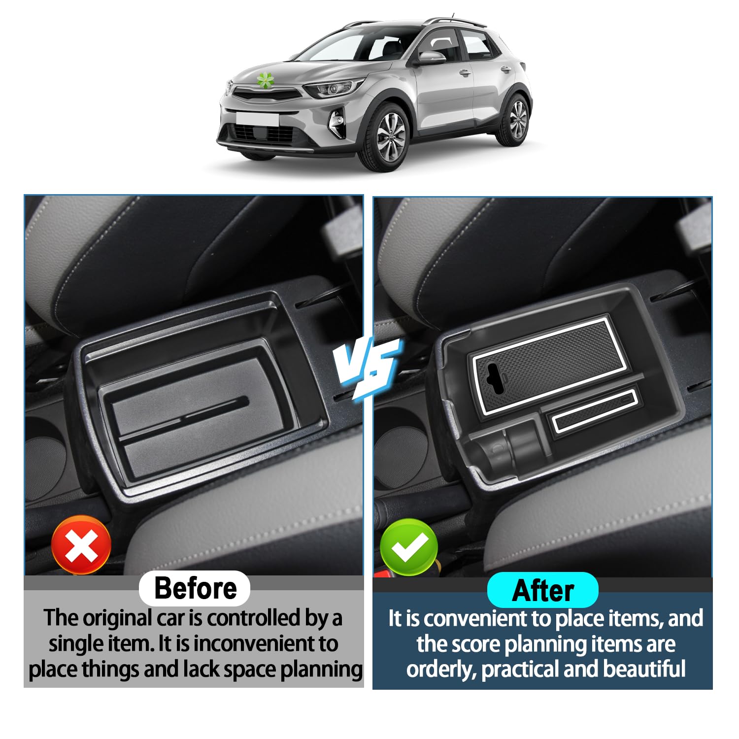 Bracciolo Auto Per KIA Stonic E Rio 3 (2018-2024), Console Centrale Con Doppio Scomparto, Portabevande E Porta Telefono, Facile Da Montare Senza Viti