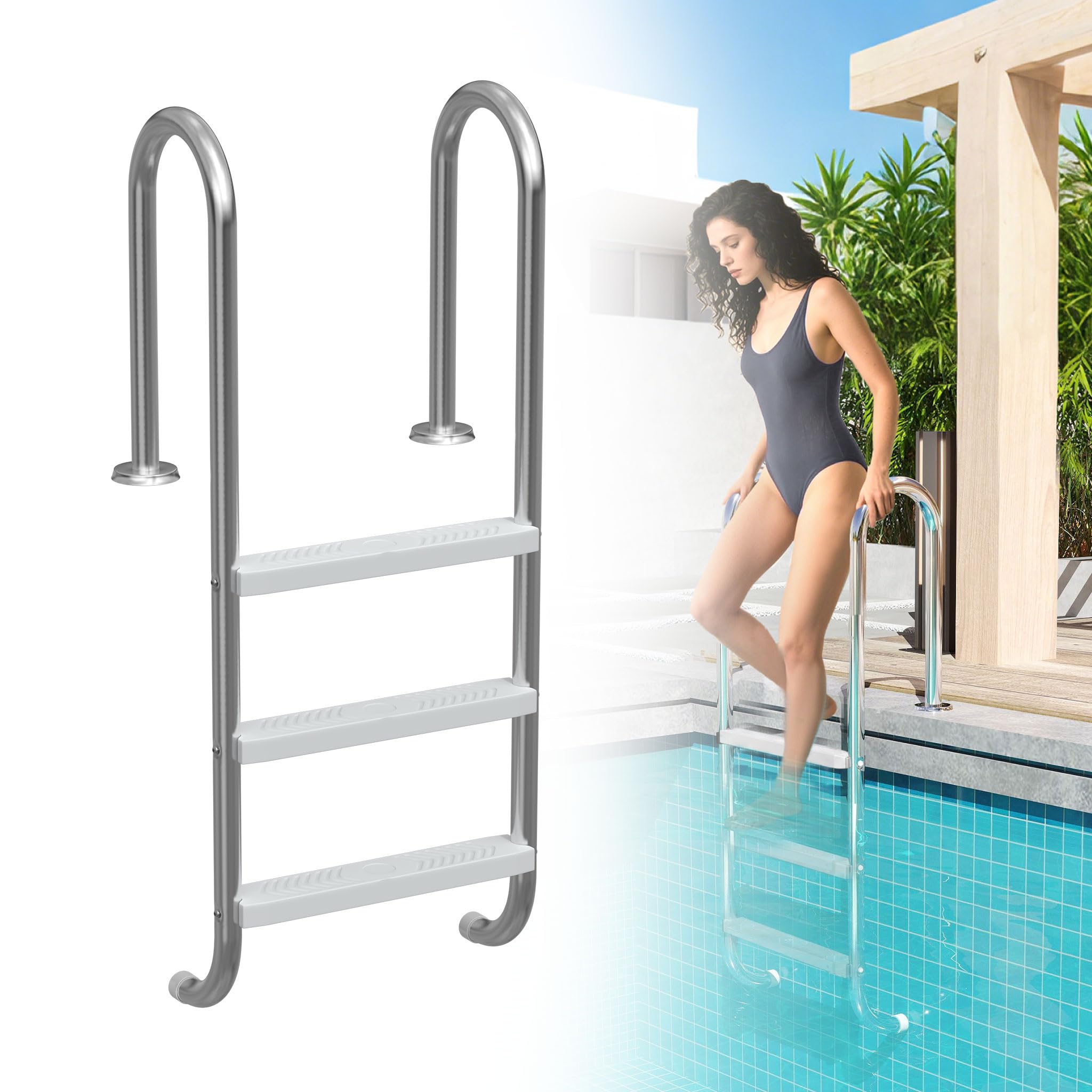 UISEBRT Échelle de piscine en acier inoxydable 304 | Échelle de piscine à 3 marches | 132 x 54 x 26,5 cm - Argent | Échelle de piscine avec antidérapant | Échelle d'accès pour piscine et bassin |