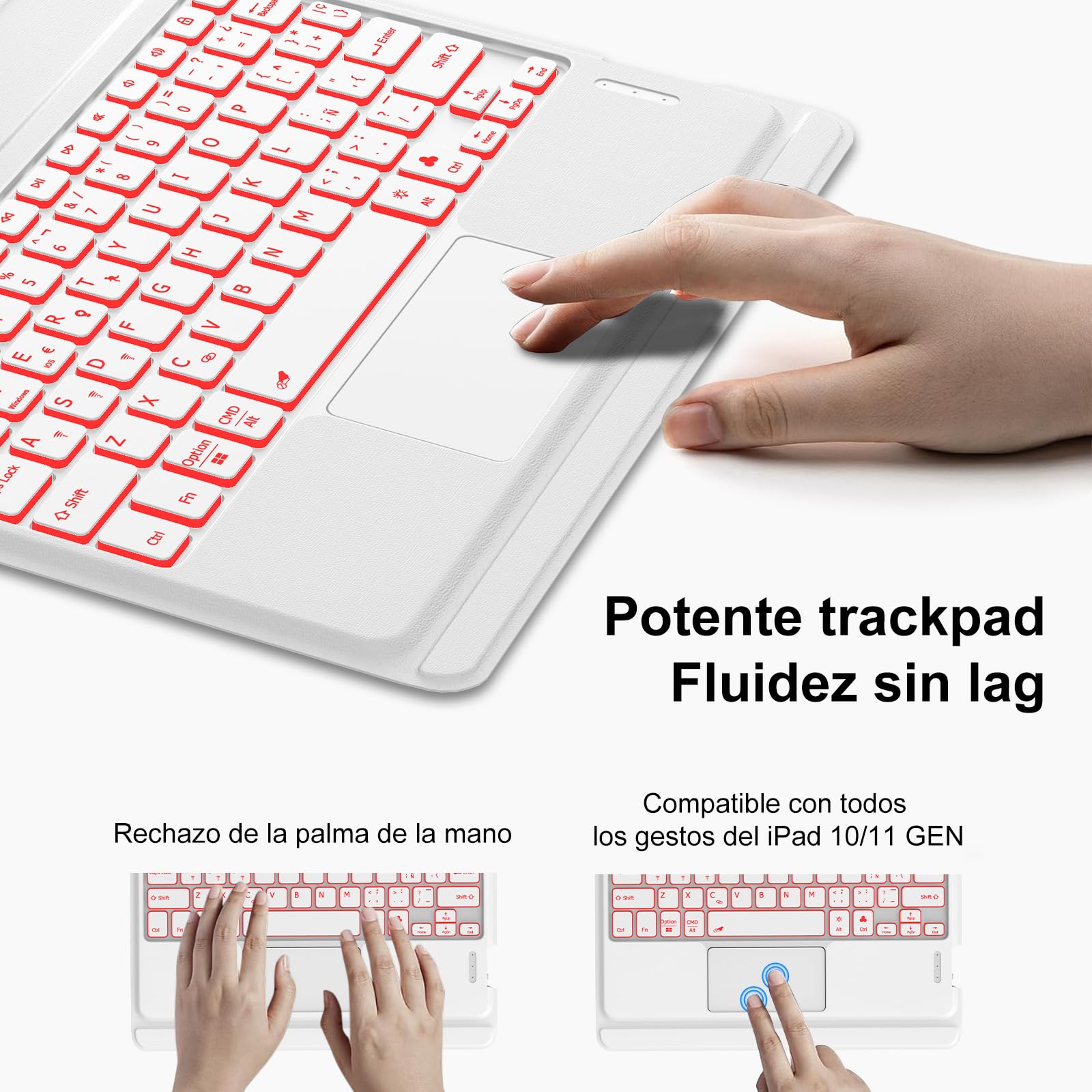 Funda iPad 11 Generación A16/10 Generacióncon Teclado Touchpad, Teclado 3 Canales Bluetooth Español Ñ Retroiluminado 7 Colores Soporte Retrato/Paisaje para iPad 10 2022 10.9"/11 A16 2025 11", Blanco