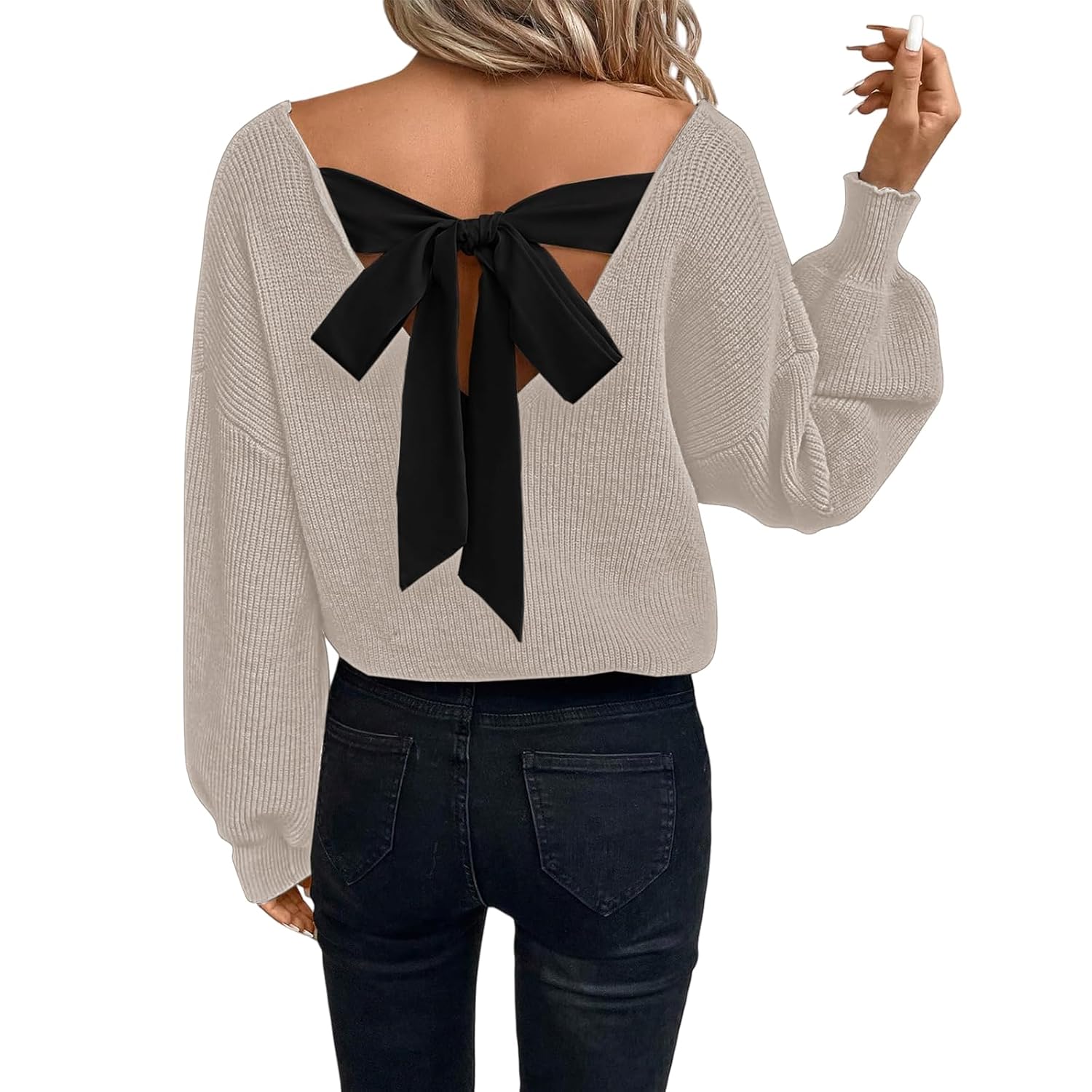 Womens Bow Back Sweater Sexy Backless Bow Tied Sweaters V Neck Knitted Tops Off The Shoulder Pullover Sweaters