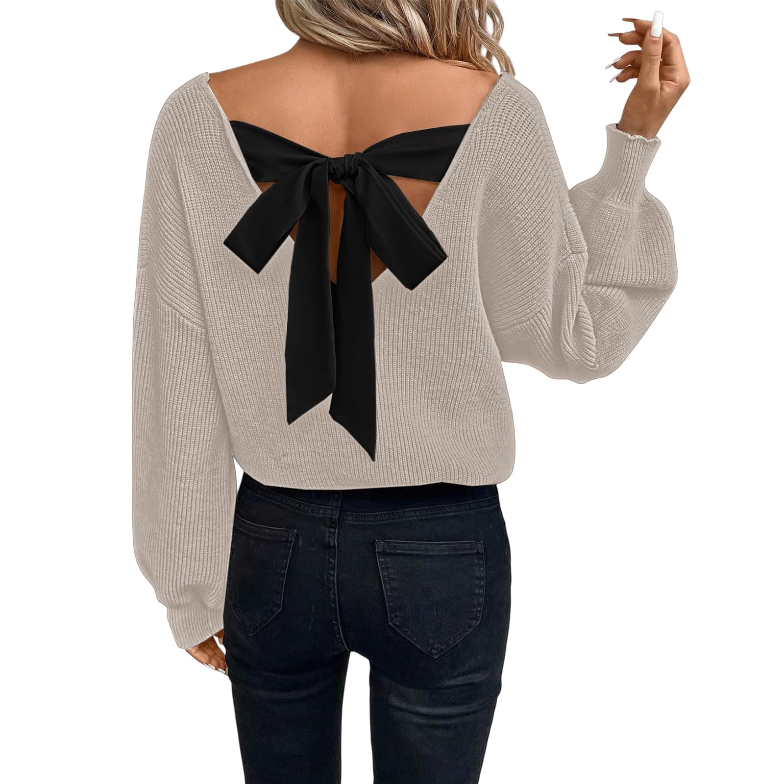 Womens Bow Back Sweater Sexy Backless Bow Tied Sweaters V Neck Knitted Tops Off The Shoulder Pullover Sweaters