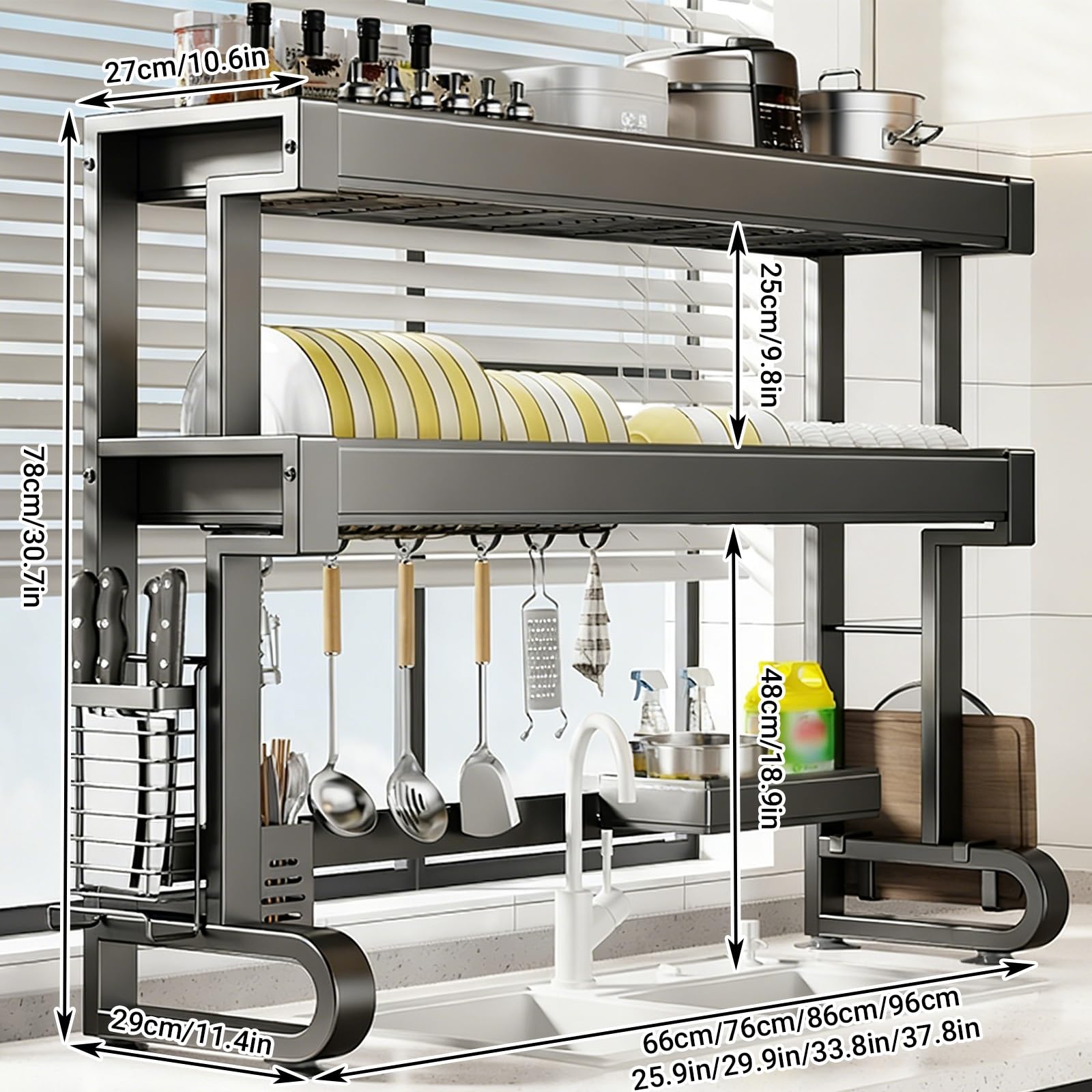 Escurridor de platos grande de acero al carbono, organizador de almacenamiento de cocina, ahorro de espacio para platos, vasos, cuencos y cubiertos