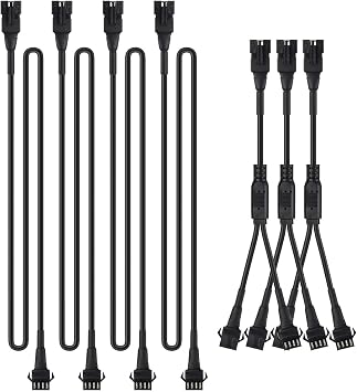 4pcs 2-Feet Extension Cords and 3pcs 2-Way Splitters for Underglow RGB LED Strip Light Kits on Motorcycles Trikes Golf Carts ATVs EXT-2FT