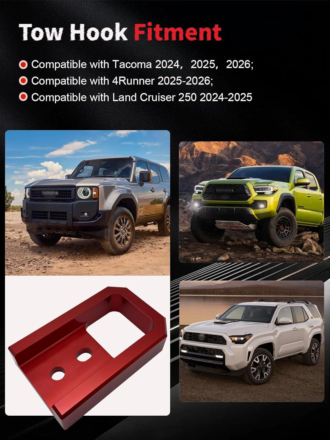 Front Tow Hooks for Tacoma, Aluminum Heavy Duty Tow Hook No Drill Required Towing Hook Compatible with Toyota Tacoma 2024-2026 Tacoma 4th Gen/4Runner 2025-2026/Land Cruiser LC250 2024-2025 (Red)