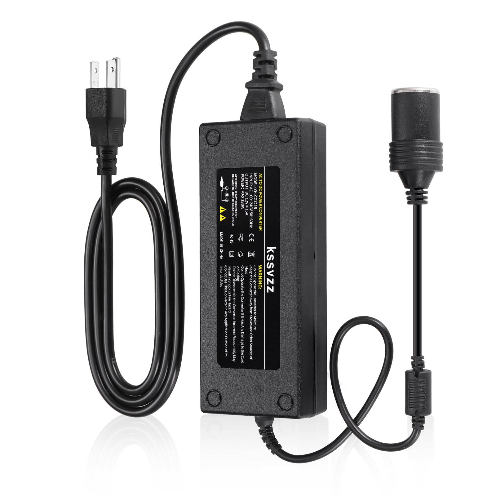 Kssvzz 180W AC to DC Converter, 100V ~ 240V to 12V 15A Car Cigarette Lighter Socket AC/DC Power Supply Adapter for Car Refrigerator, Tire Inflator, Vacuum Cleaner and Other Devices
