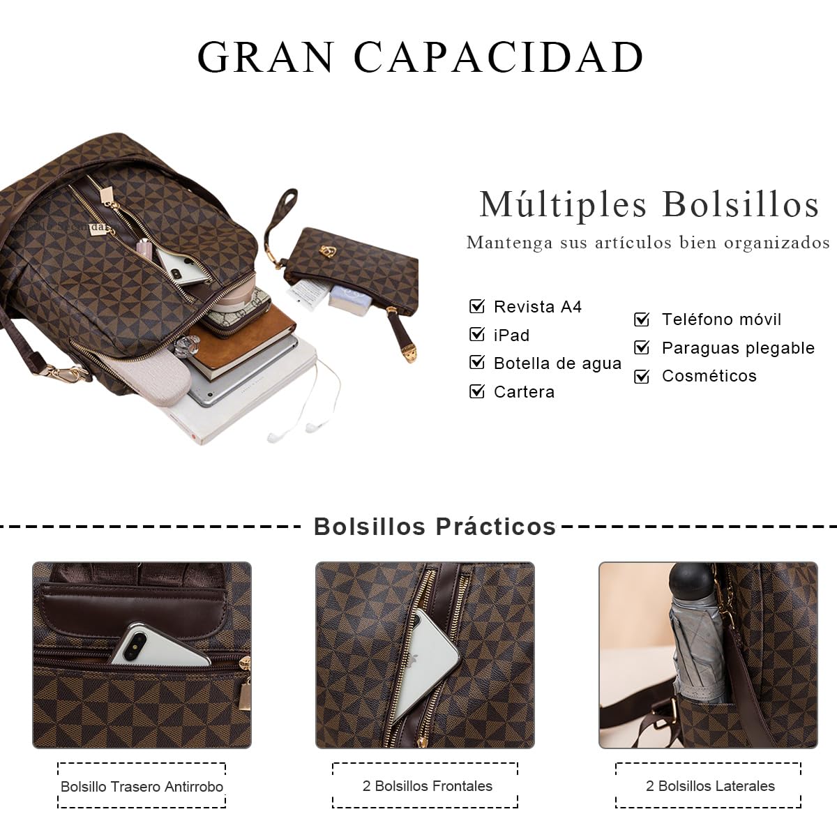 SONARIN Moderno Bolso Mochila Mujer,Multiusos Vintage Mochila Damas con Monedero Mochilas Casual Bolso de Mano,Bolsa de Hombro Convertible para Viaje Escolar Trabajo(Café)