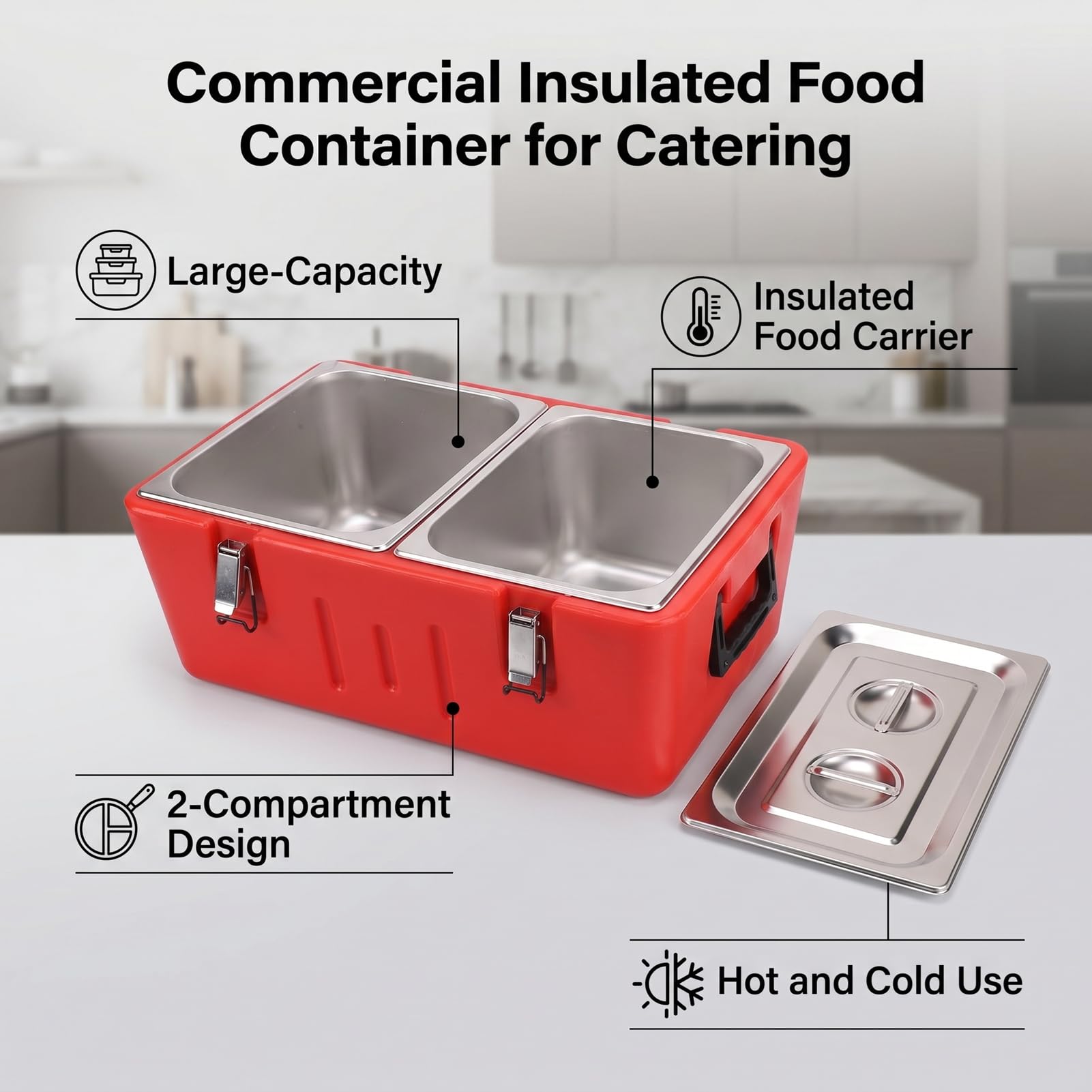 Portador de Bandejas de Alimentos Aislado con 2 Bandejas de Acero Inoxidable, Contenedor de Alimentos Aislado Comercial, Servidor de Buffet de Comida Caliente Fría Aislada
