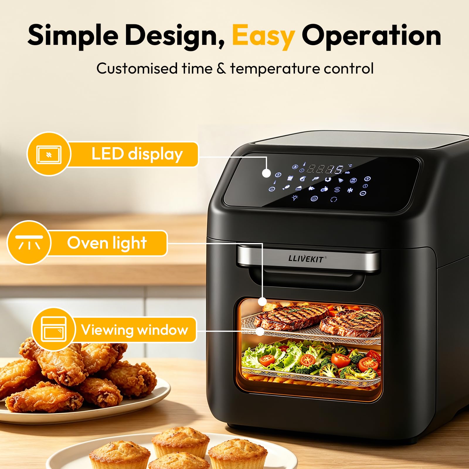 LLIVEKIT Frytkownica na gorące powietrze, piekarnik na gorące powietrze 12 l, mini piekarnik, 1800 W, piec na gorące powietrze z cyfrowym ekranem LED, odwadniacz owoców, grill