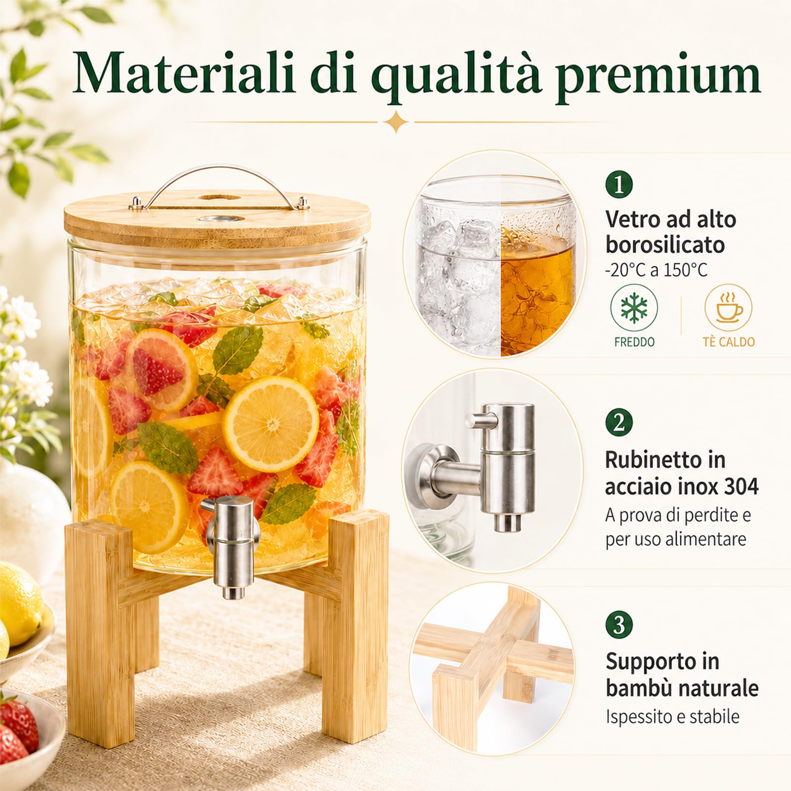 Dispenser di bevande in vetro da 5 l, contenitore per limonate con rubinetto in acciaio inox e supporto in bambù, senza BPA, ideale per feste di famiglia, feste di compleanno, campeggio all'aperto