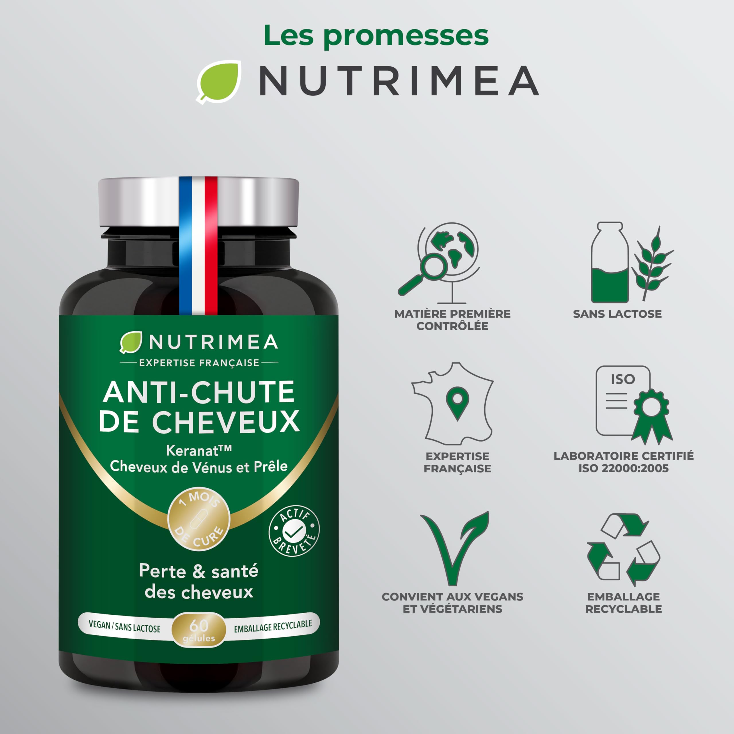 ANTI CHUTE DE CHEVEUX - Pousse et Fortification des Cheveux - Actif Breveté Keranat™ - Cheveux de Vénus, Prêle - Zinc, Sélénium et Biotine - 60 Gélules - Nutrimea - Fabrication Française