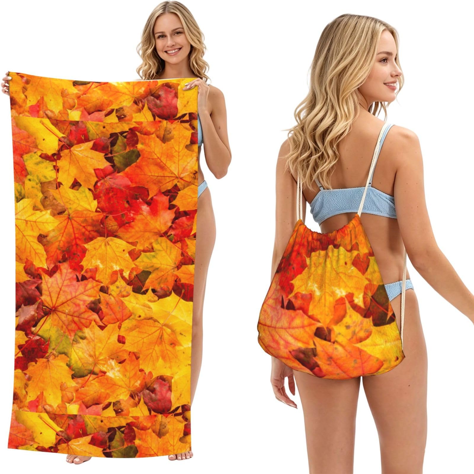 Poadnly As Picture Maple Leaves, 2 In 1 Packable Towel Bag, Beach Towels With Drawstring Backpack For Travel Holiday Camping