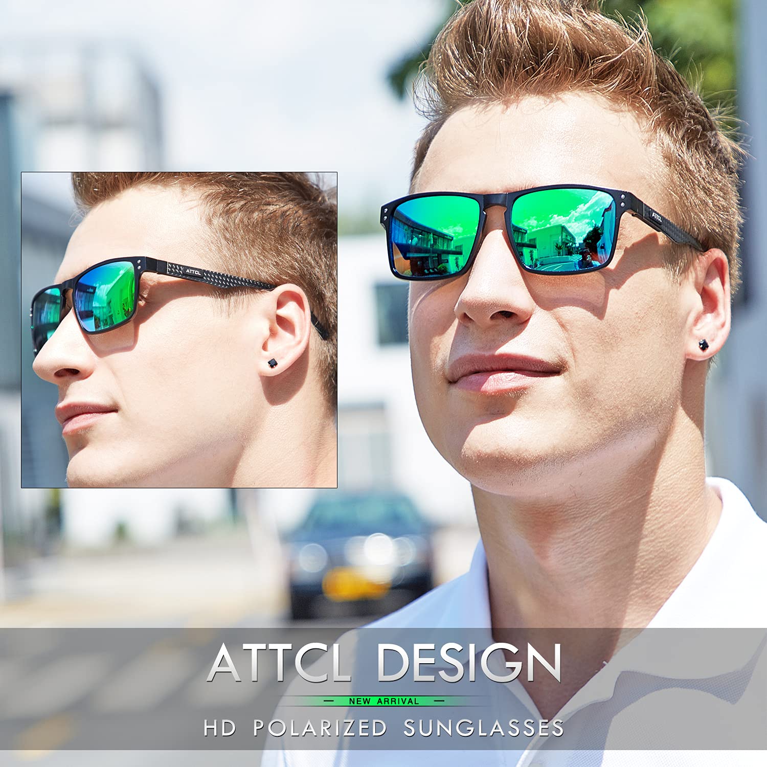 ATTCL Gafas de sol polarizadas clásicas para hombre con marco de metal rectangular y fibra de carbono, protección UV400
