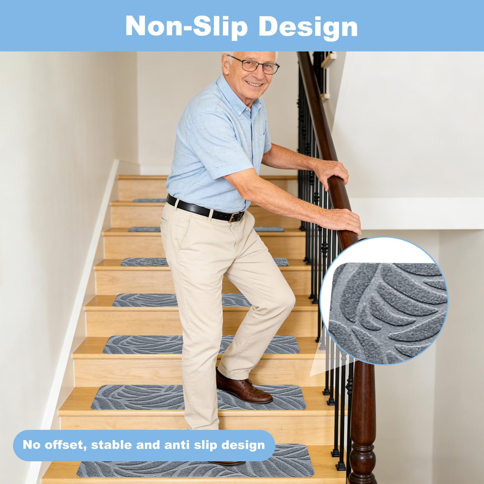 Lot de 15 tapis pour marches d'escalier, 76 cm x 20 cm, tapis autocollants pour marches en bois, 100 % polyester TPE - Tapis de marche pour enfants, personnes âgées et animaux de compagnie