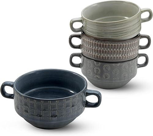 American Atelier Juego de 4 cuencos de sopa de cebolla francesa de 16 onzas con asas, cuencos de cerámica esmaltada para sopa, chile, pasta y
