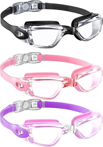 Kids Goggles Age 4-16, Kids Swimming Goggles Anti-UV Anti-Fog No Leaking, 3 Pack Swim Goggles for Boys Girls Youth