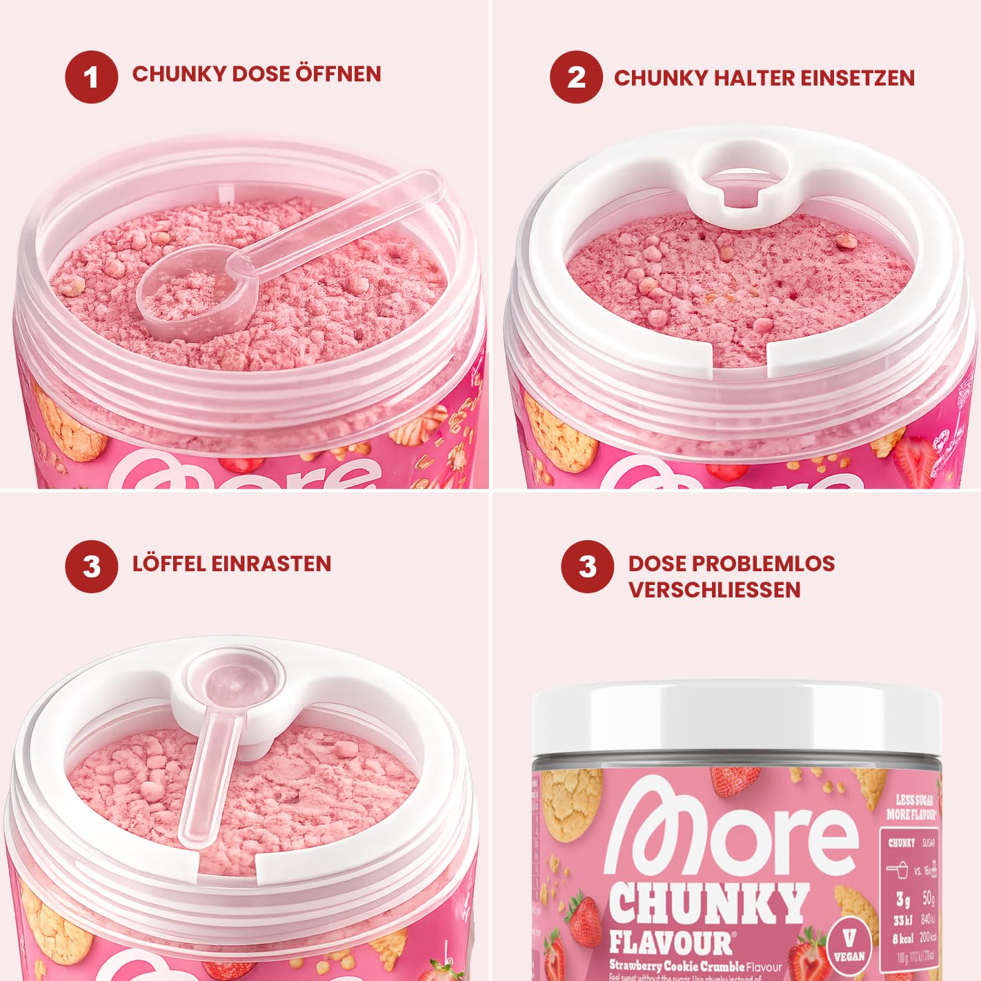 Chunky Flavour Löffelhalter für 90g Dose – Scoop Holder für More Nutrition – 3D Druck, passgenau, hgienisch, 3er Set, diverse Farben