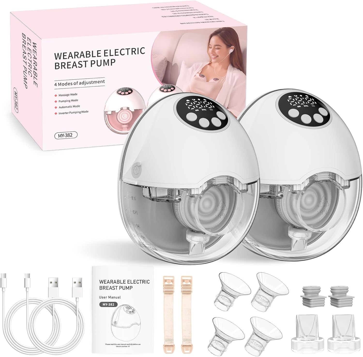 2Pack Hands Free Breast Pump - Wearable Breast Pumps with 4 Modes 12 Levels, Portable Breast Pumping for Work Travel Night with Leak-Proof DoubleFit Flange, Ideal for Breast Pump