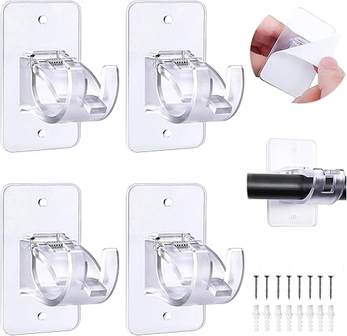 4 soportes para barra de cortina, sin taladro, soportes autoadhesivos para cortineros, de plástico transparente, sin taladrar, gancho para barra de