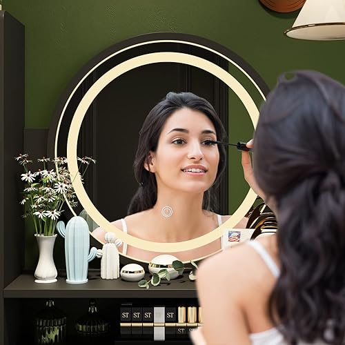 Miniatura 6 de Juego de Tocador de Maquillaje Mesa Tocador con 5 Cajones y Estante Espejo Redondo con Pantalla Táctil y Luz Juego de Tocador con Taburete Acolchado