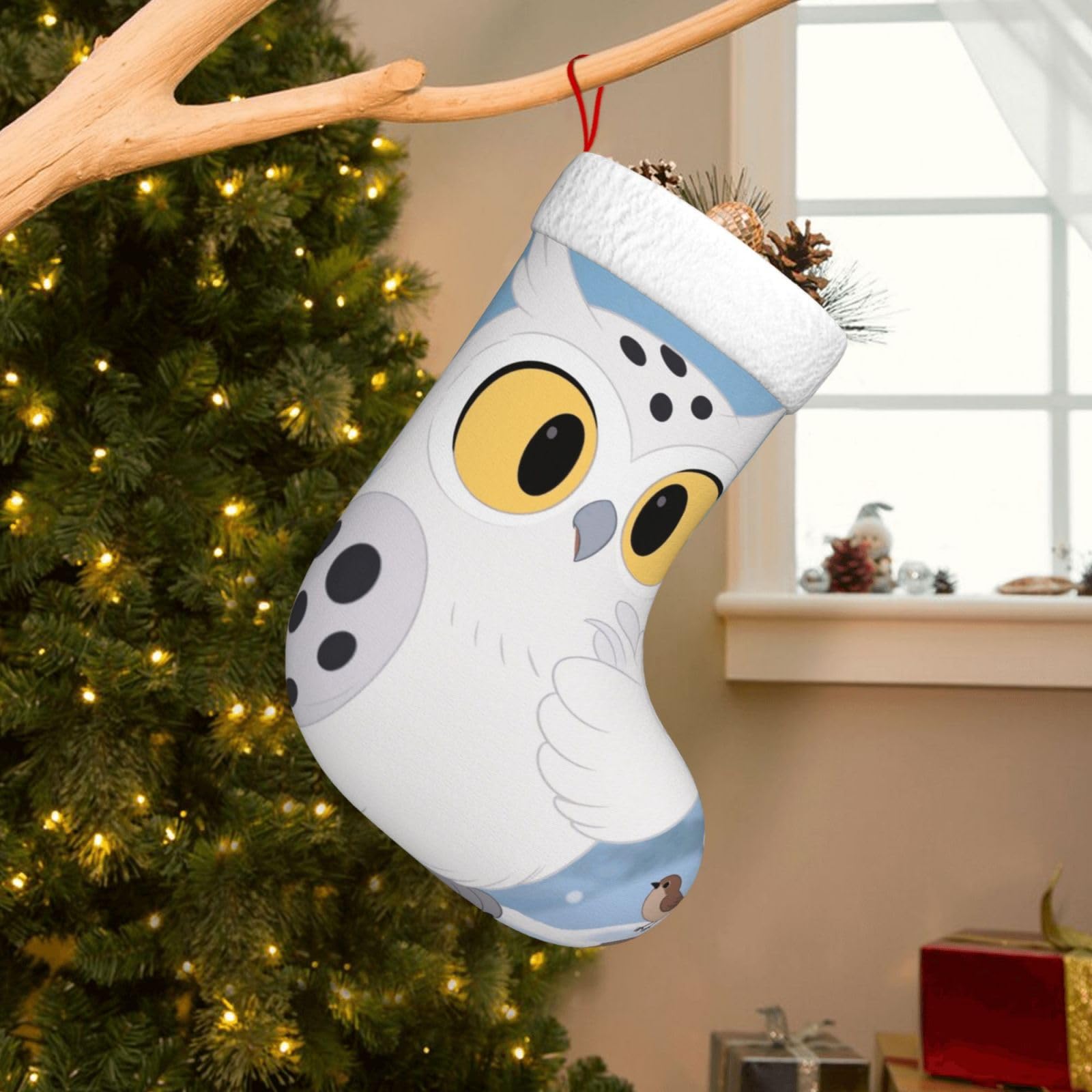 Velvet Christmas Stockings 17.7 Inch, Cartoon Owl Snow Xmas Stocking with Soft Cuff,Classic Personalized Christmas Tree Decoration for Family Holiday New Year Party Supplies