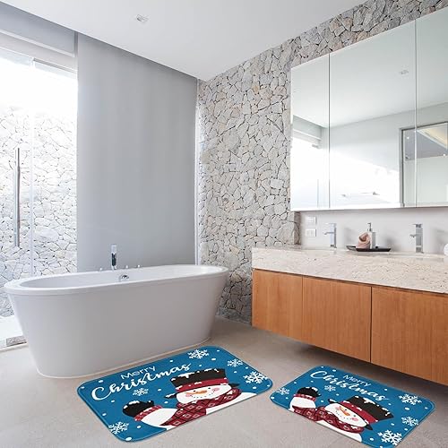 Miniatura 6 de Arttown Juego de 2 tapetes de baño de Navidad, lindos copos de nieve y copos de nieve sobre fondo azul, cubierta lavable, alfombra de piso, alfombra