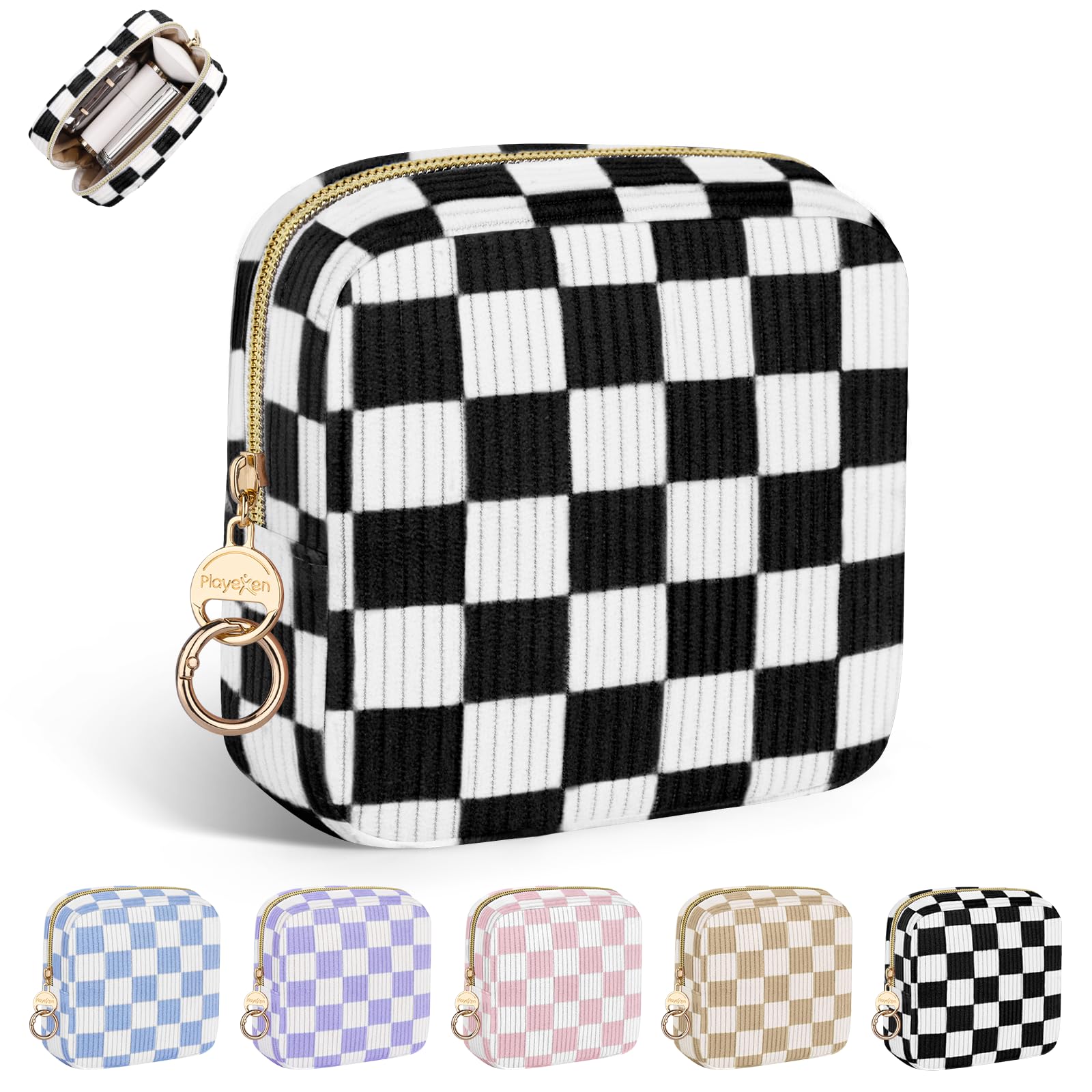 Kosmetiktasche klein Damen Make up Tasche kleine Cord Tragbare Mini Kulturbeutel mit Reißverschluss für Reise Organizer Multifunktional Schminktasche Mädchen Kulturtasche Geschenk 13*5*13cm(A-Schwarz)