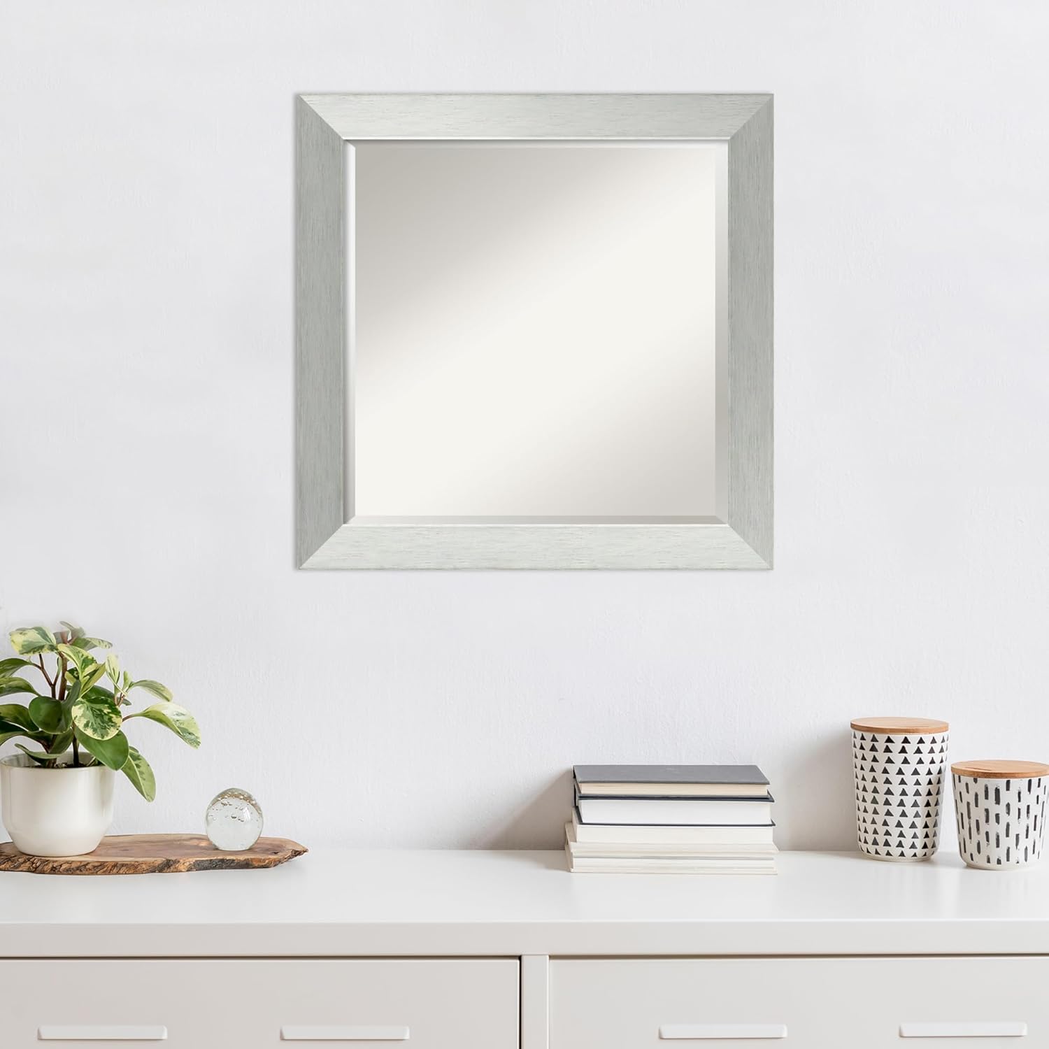 Amanti Art Silver Wall Mirror 24x24 Brushed Sterling Silver Square Bathroom Mirror for Wall Decor Living Room, Medium Modern Wood Frame, Hangs Horizonally and Vertically, Bathroom Decor, Beveled Edge