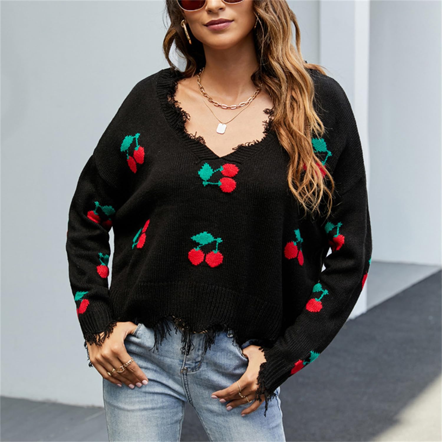 Strickpullover Damen Zerrissene Kurz Pullover Langarm V Ausschnitt Oberteil Loose Feinstrick Pulli Y2K Jumper mit Blumenmuster Quasten Strickpullover Streetwear