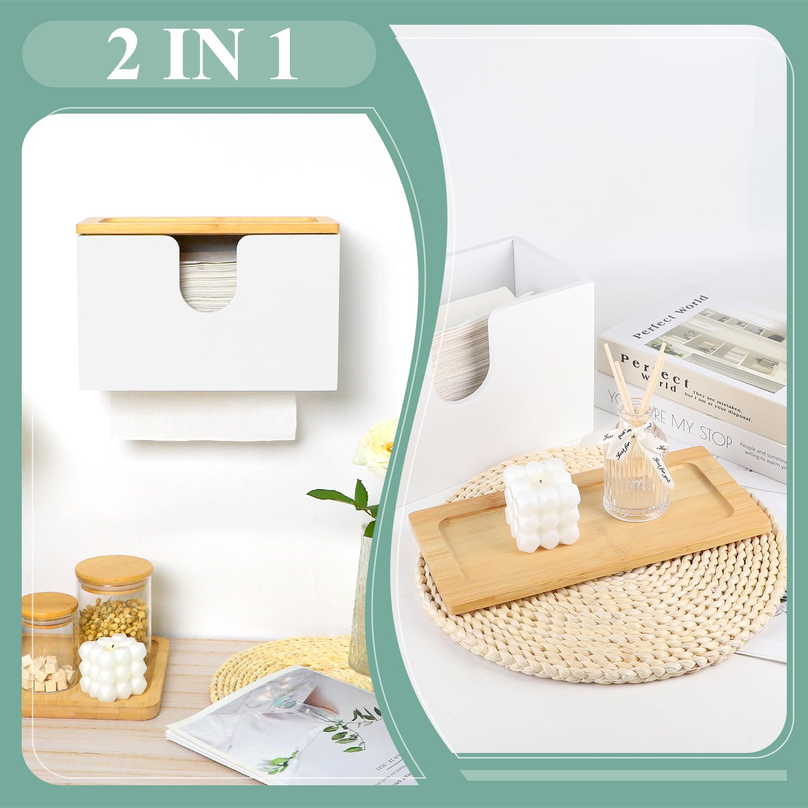EFUTURETIME Distributeur Essuie Main Mural en Bambou, 27.5x16x13cm, Distributeur à Serviette en Papier avec Couvercle Magnétique pour Pliées en V/C/Z, Cuisine, Salle De Bain, Blanc